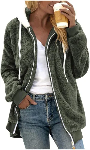 Womens Winter Coats Plus Size Full Zip Sherpa Jacket Baggy Drawstring Hooded Coat Comfy Soft Warm Jackets w/Pockets