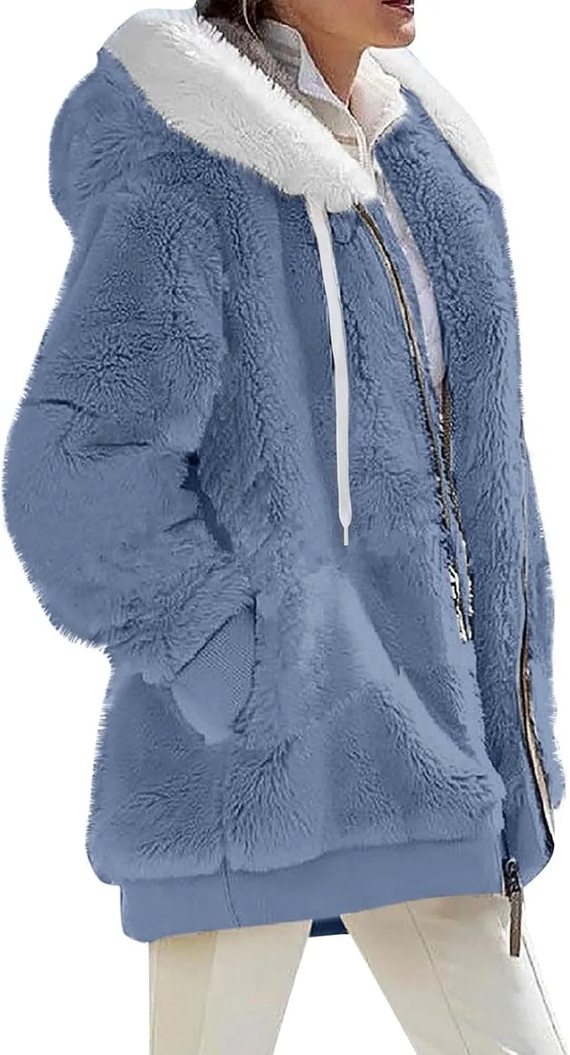 Womens Winter Coats Plus Size Full Zip Sherpa Jacket Baggy Drawstring Hooded Coat Comfy Soft Warm Jackets w/Pockets