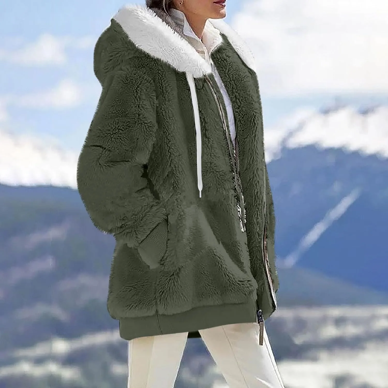Womens Winter Coats Plus Size Full Zip Sherpa Jacket Baggy Drawstring Hooded Coat Comfy Soft Warm Jackets w/Pockets