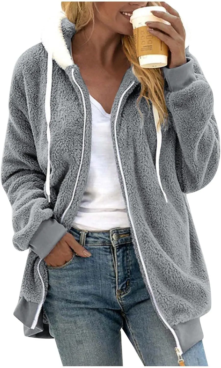 Womens Winter Coats Plus Size Full Zip Sherpa Jacket Baggy Drawstring Hooded Coat Comfy Soft Warm Jackets w/Pockets