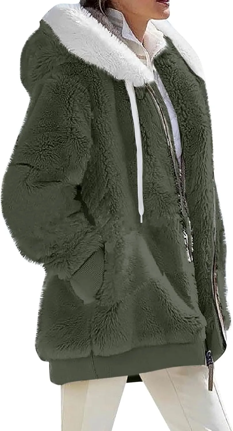 Womens Winter Coats Plus Size Full Zip Sherpa Jacket Baggy Drawstring Hooded Coat Comfy Soft Warm Jackets w/Pockets