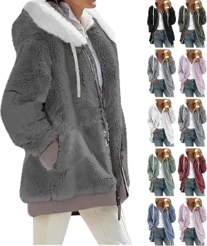 Womens Winter Coats Plus Size Full Zip Sherpa Jacket Baggy Drawstring Hooded Coat Comfy Soft Warm Jackets w/Pockets