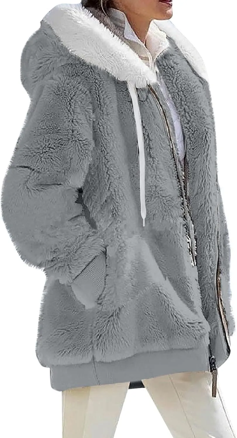 Womens Winter Coats Plus Size Full Zip Sherpa Jacket Baggy Drawstring Hooded Coat Comfy Soft Warm Jackets w/Pockets