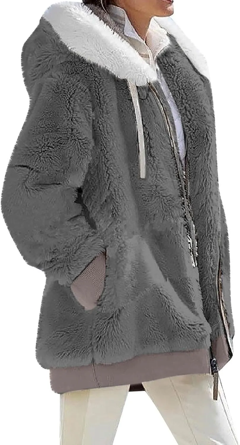Womens Winter Coats Plus Size Full Zip Sherpa Jacket Baggy Drawstring Hooded Coat Comfy Soft Warm Jackets w/Pockets