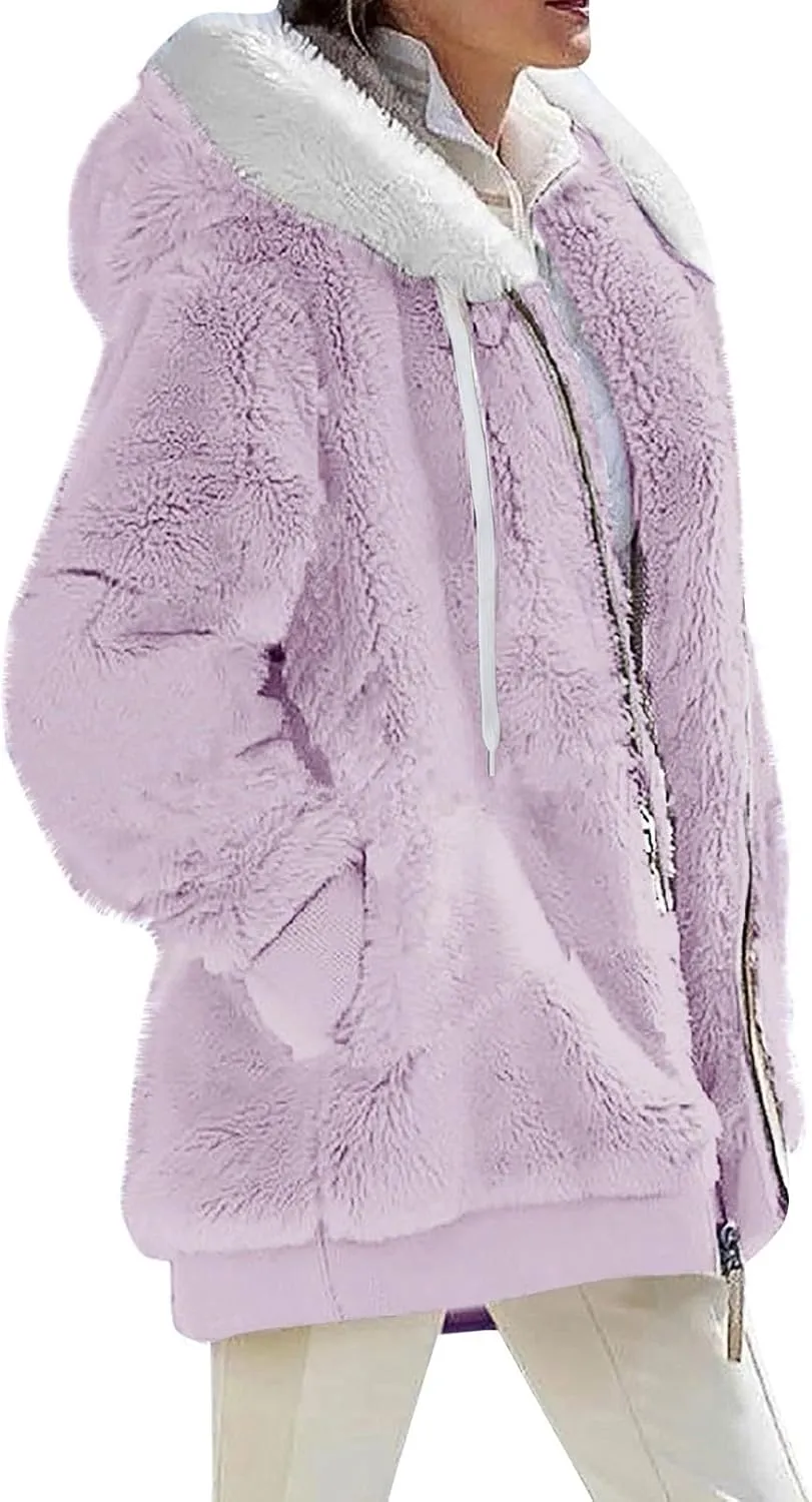 Womens Winter Coats Plus Size Full Zip Sherpa Jacket Baggy Drawstring Hooded Coat Comfy Soft Warm Jackets w/Pockets