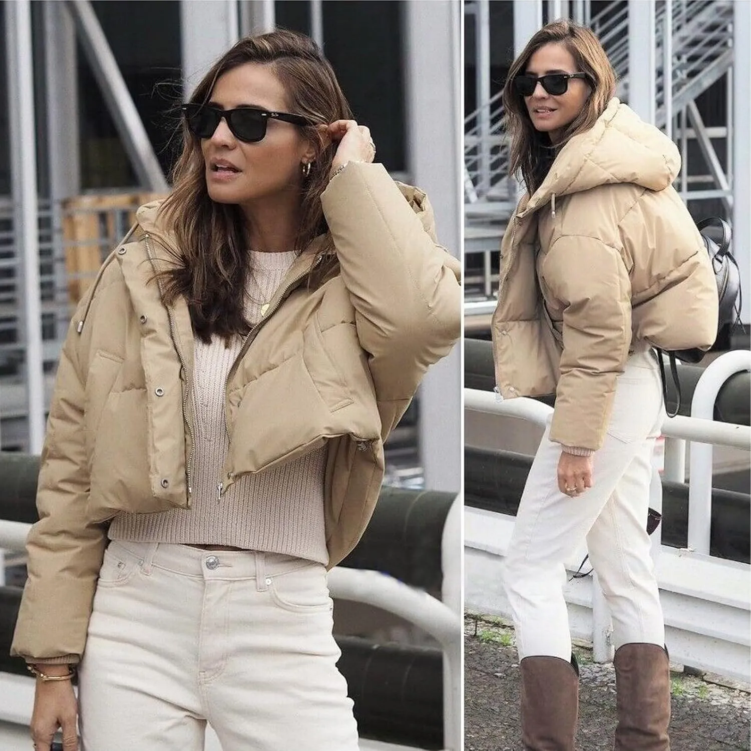 Women's Winter Crop Hooded Puffer Jacket Baggy Warm Zip Up Short Quilted Down Jackets Outerwear
