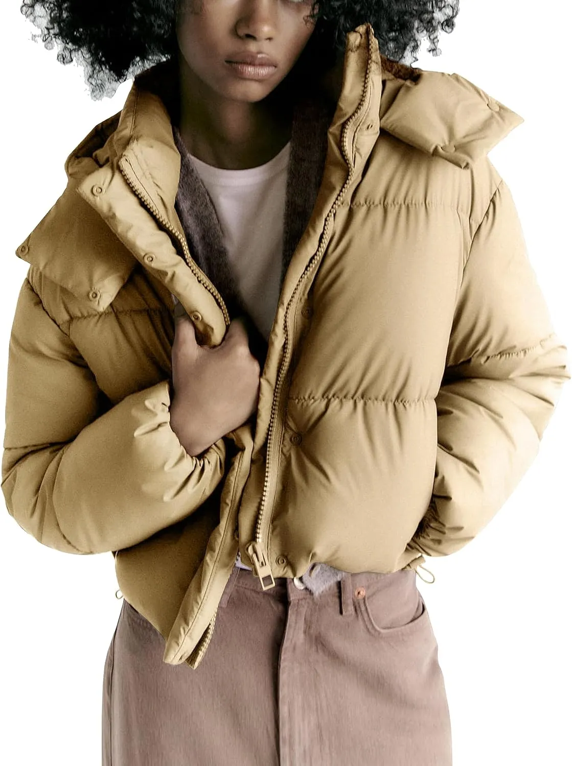 Women's Winter Crop Hooded Puffer Jacket Baggy Warm Zip Up Short Quilted Down Jackets Outerwear