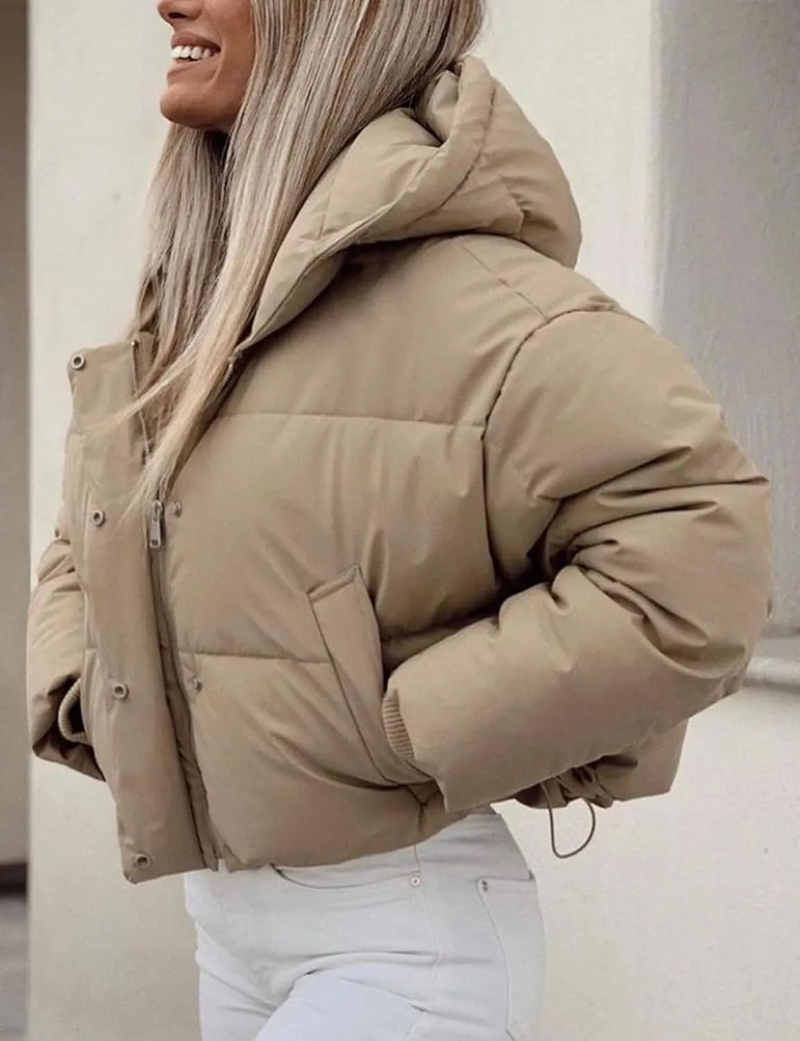 Women's Winter Crop Hooded Puffer Jacket Baggy Warm Zip Up Short Quilted Down Jackets Outerwear