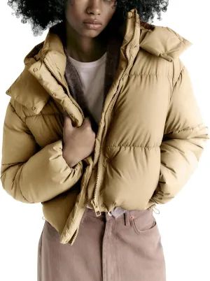 Women's Winter Crop Hooded Puffer Jacket Baggy Warm Zip Up Short Quilted Down Jackets Outerwear