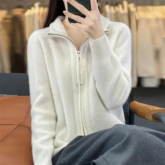 Women's Wool Knitting Sweater Turtleneck Zipper Cardigan, Full Zip Mock Neck Thick Warm Wool Sweater for Women