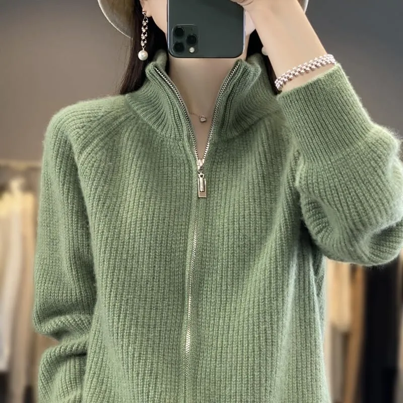 Women's Wool Knitting Sweater Turtleneck Zipper Cardigan, Full Zip Mock Neck Thick Warm Wool Sweater for Women