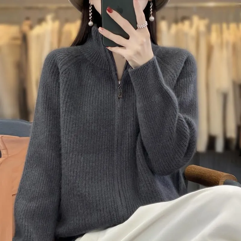 Women's Wool Knitting Sweater Turtleneck Zipper Cardigan, Full Zip Mock Neck Thick Warm Wool Sweater for Women