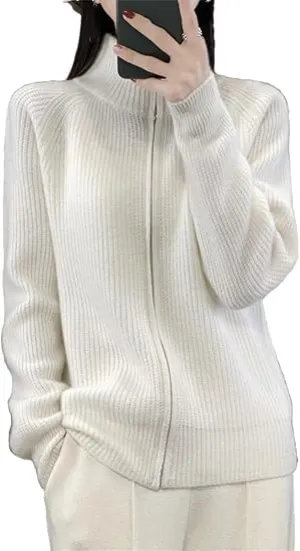 Women's Wool Knitting Sweater Turtleneck Zipper Cardigan, Full Zip Mock Neck Thick Warm Wool Sweater for Women