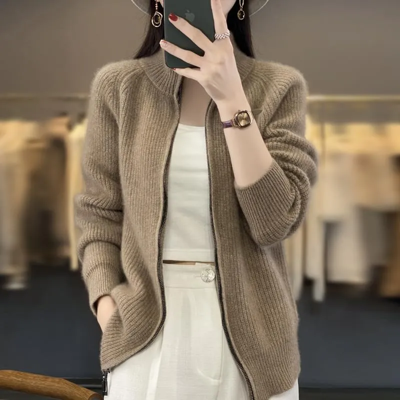 Women's Wool Knitting Sweater Turtleneck Zipper Cardigan, Full Zip Mock Neck Thick Warm Wool Sweater for Women