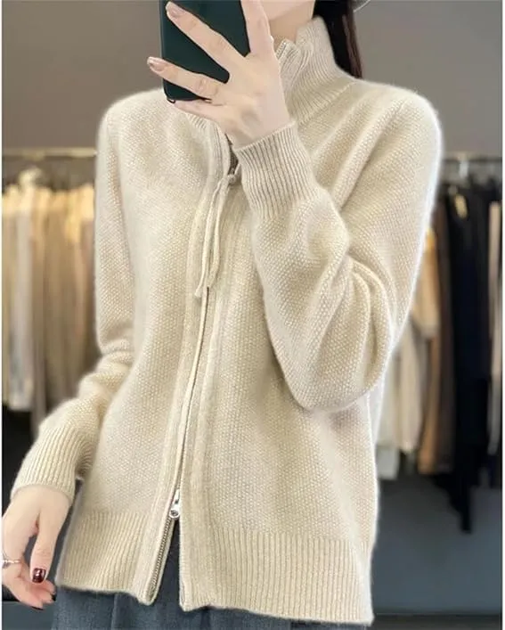 Women's Wool Knitting Sweater Turtleneck Zipper Cardigan, Full Zip Mock Neck Thick Warm Wool Sweater for Women