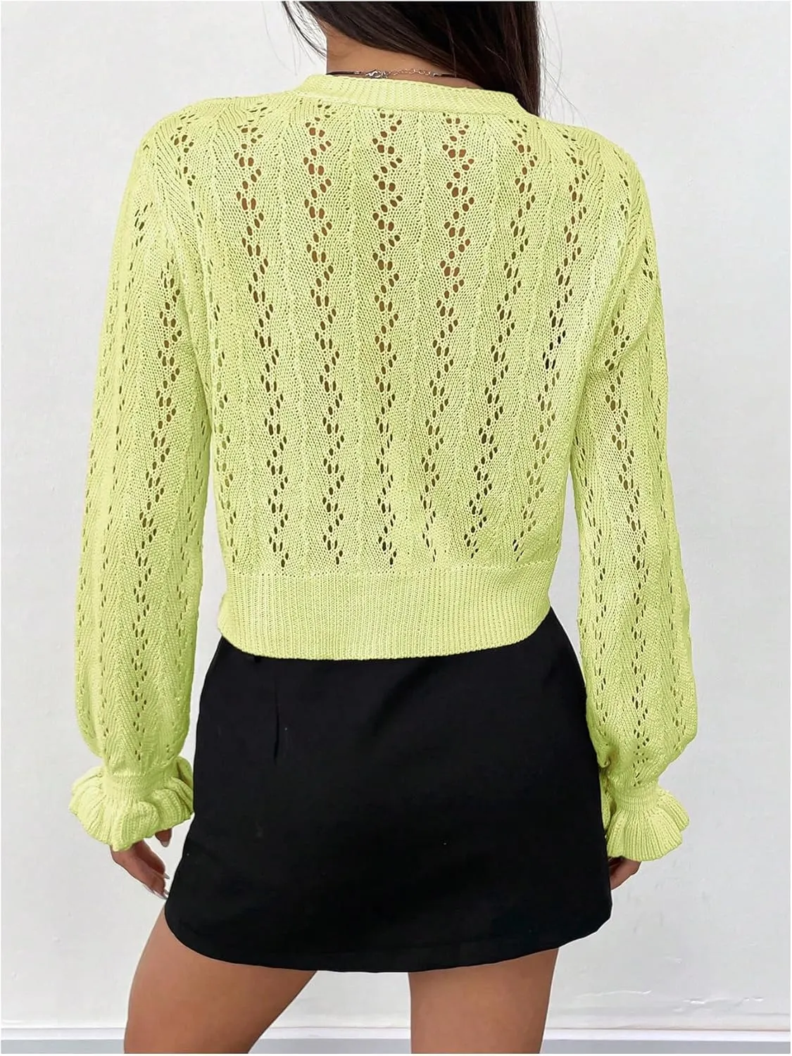 Women's Y2K Cardigan Sweater Crochet Cardigan Hollow Out Sweater Ruffle Button Down Long Sleeve Knit Crop Cardigans