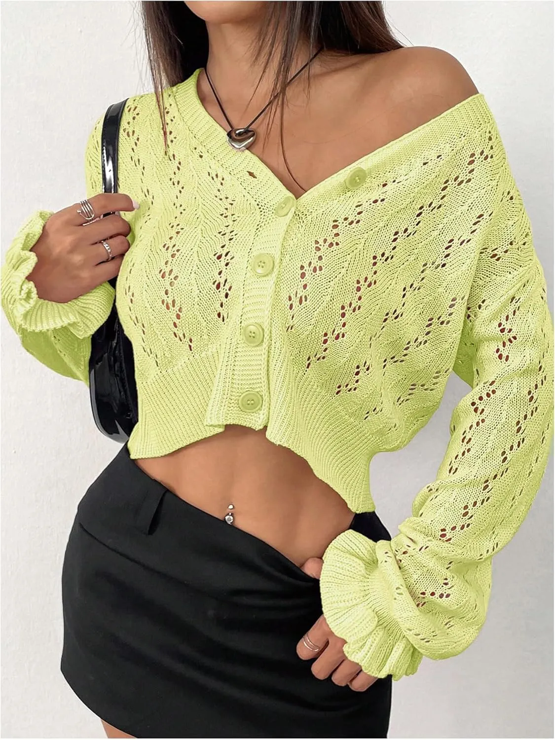 Women's Y2K Cardigan Sweater Crochet Cardigan Hollow Out Sweater Ruffle Button Down Long Sleeve Knit Crop Cardigans