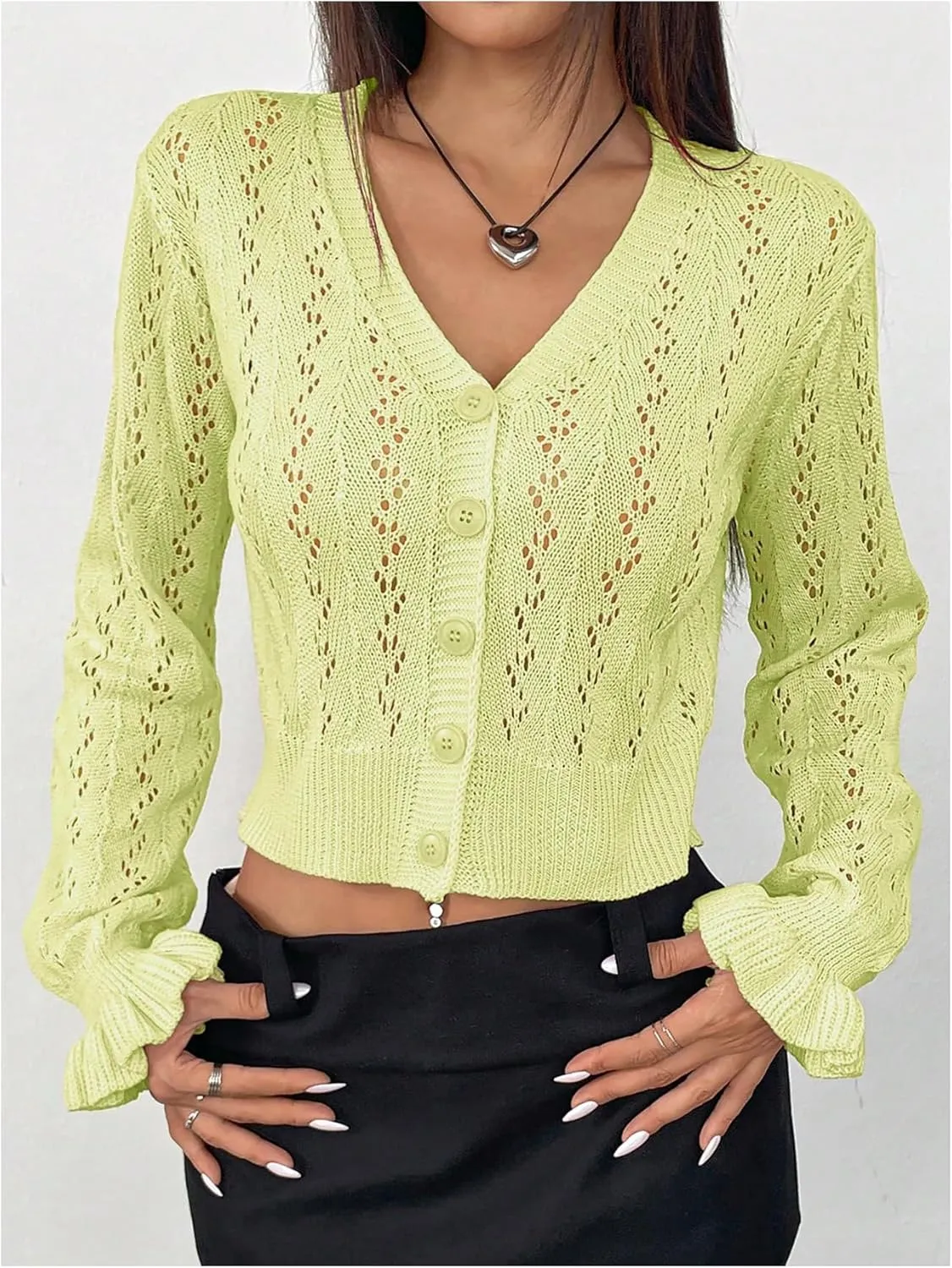 Women's Y2K Cardigan Sweater Crochet Cardigan Hollow Out Sweater Ruffle Button Down Long Sleeve Knit Crop Cardigans