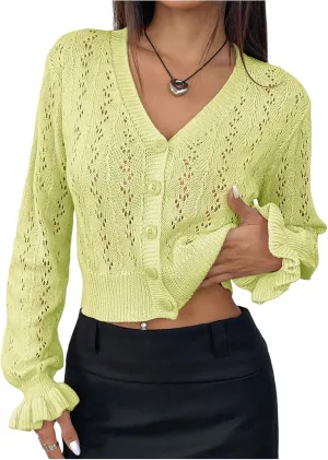 Women's Y2K Cardigan Sweater Crochet Cardigan Hollow Out Sweater Ruffle Button Down Long Sleeve Knit Crop Cardigans