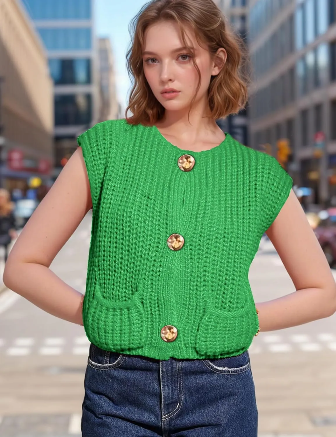 Wyeysyt Sweater Vest Women Sleeveless Crop Knit Cardigan Casual Button Down Cropped Knitted Sweater Vest with Pockets