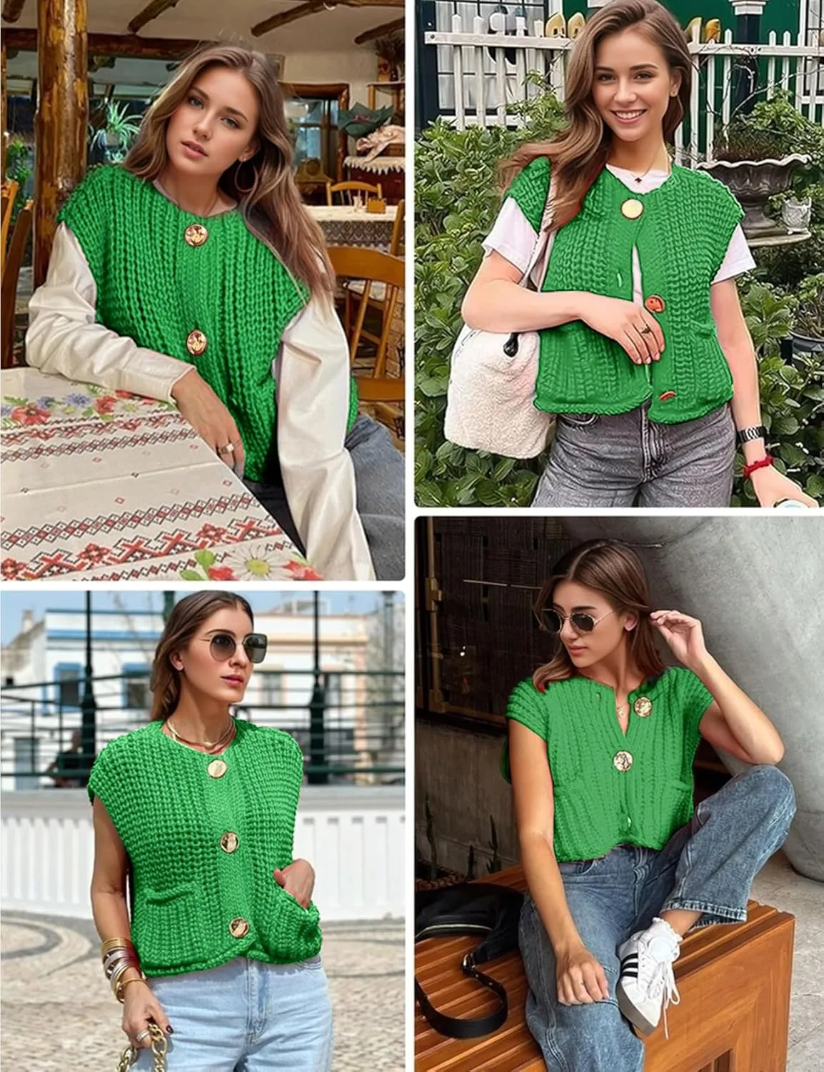 Wyeysyt Sweater Vest Women Sleeveless Crop Knit Cardigan Casual Button Down Cropped Knitted Sweater Vest with Pockets