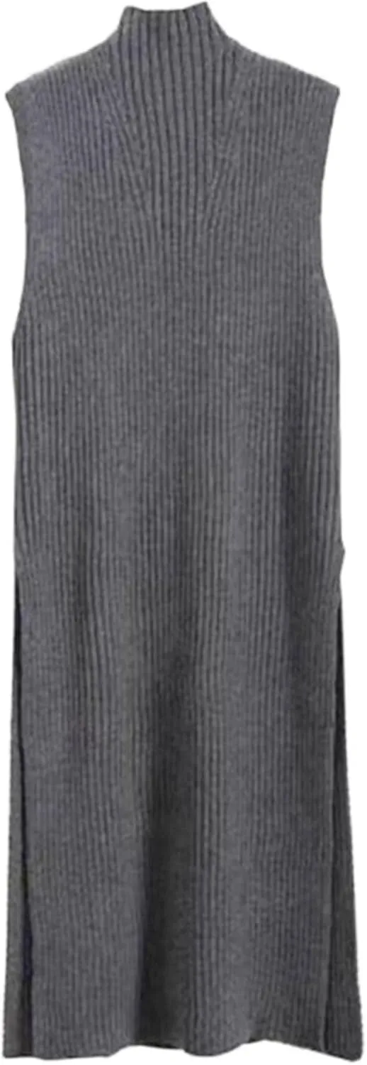 xxxiticat Women's Mock Neck Long Sweater Vest Sleeveless High Split Slit Hem Knitted Pullover Sweater Jumpers Outerwear