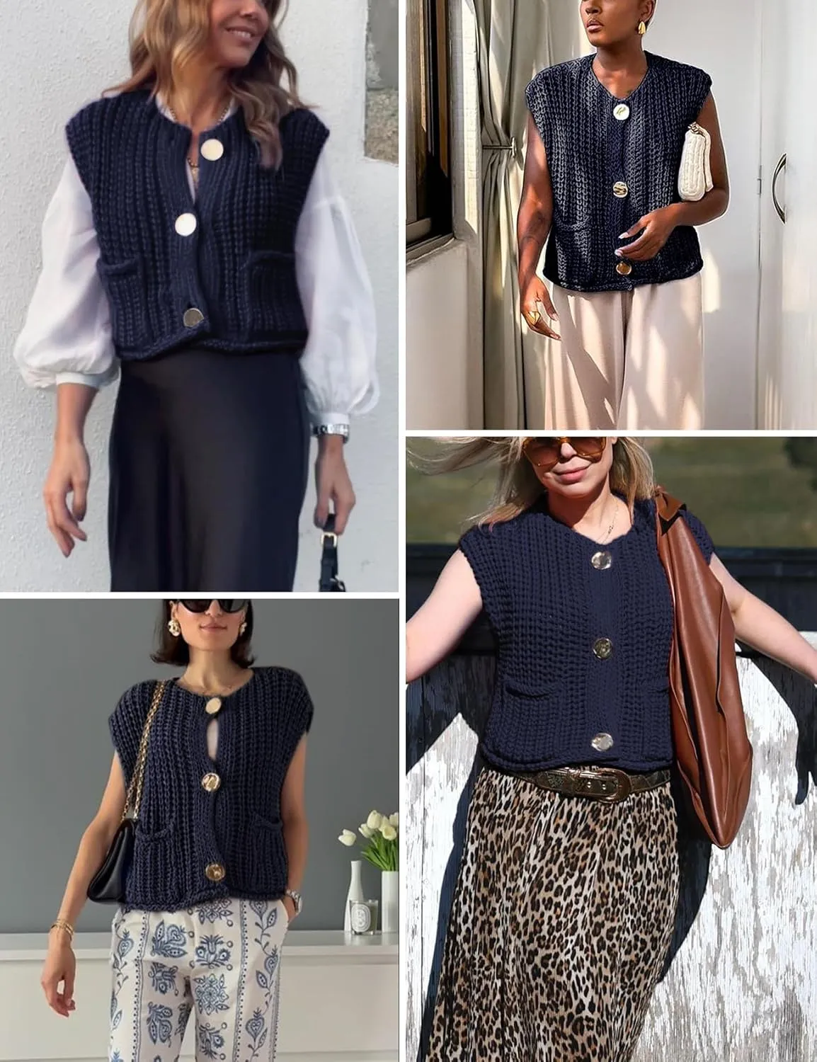 Yimoon Sweater Vest Women Sleeveless Cropped Button Down Chunky Knit Cardigan Casual Knitted Sweater Vest with Pockets