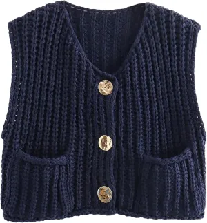 Yimoon Sweater Vest Women Sleeveless Cropped Button Down Chunky Knit Cardigan Casual Knitted Sweater Vest with Pockets