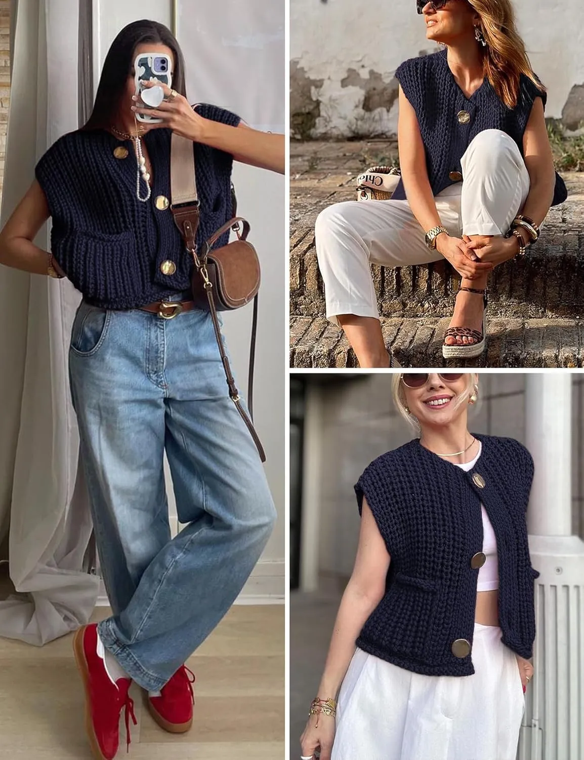 Yimoon Sweater Vest Women Sleeveless Cropped Button Down Chunky Knit Cardigan Casual Knitted Sweater Vest with Pockets