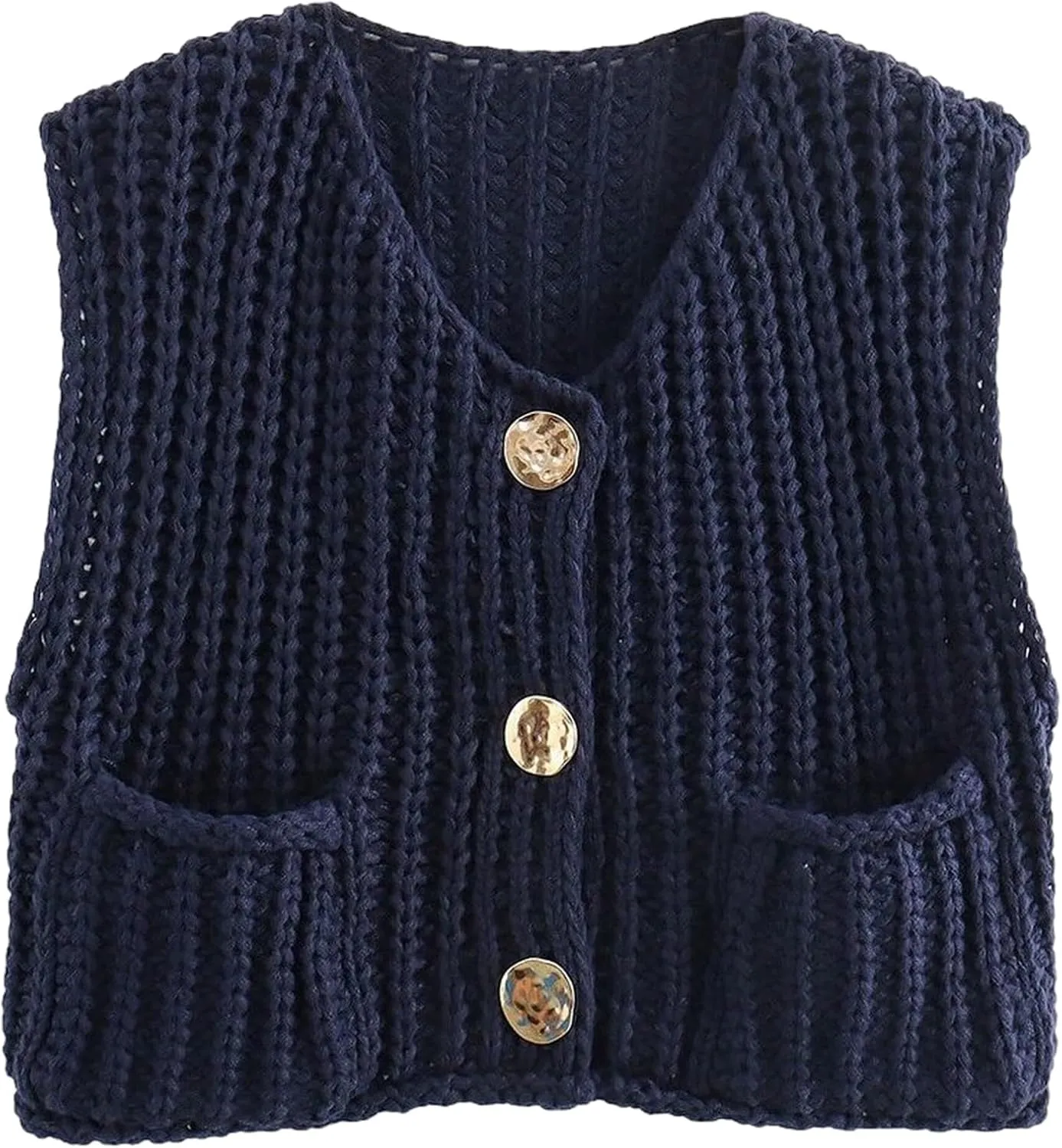 Yimoon Sweater Vest Women Sleeveless Cropped Button Down Chunky Knit Cardigan Casual Knitted Sweater Vest with Pockets