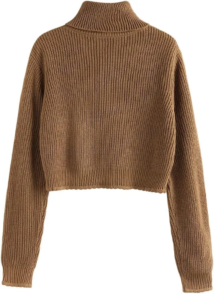 ZAFUL Women's Crew Neck Long Sleeve Pullover Crop Sweater Mock Neck Lantern Sleeve Ribbed Knit Cropped Sweater