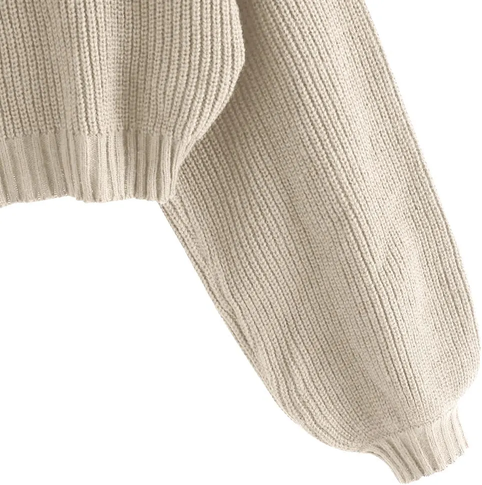 ZAFUL Women's Crew Neck Long Sleeve Pullover Crop Sweater Mock Neck Lantern Sleeve Ribbed Knit Cropped Sweater