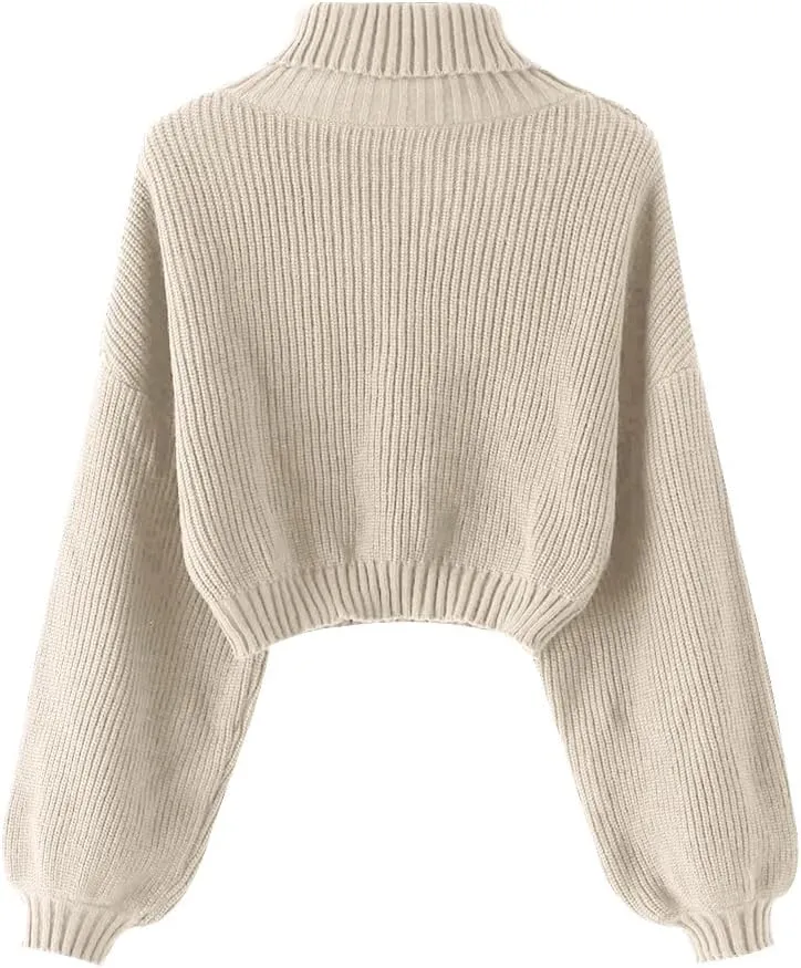 ZAFUL Women's Crew Neck Long Sleeve Pullover Crop Sweater Mock Neck Lantern Sleeve Ribbed Knit Cropped Sweater