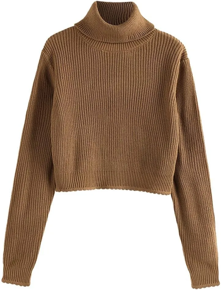 ZAFUL Women's Crew Neck Long Sleeve Pullover Crop Sweater Mock Neck Lantern Sleeve Ribbed Knit Cropped Sweater