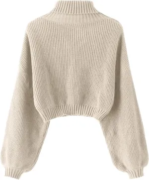 ZAFUL Women's Crew Neck Long Sleeve Pullover Crop Sweater Mock Neck Lantern Sleeve Ribbed Knit Cropped Sweater
