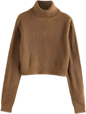 ZAFUL Women's Crew Neck Long Sleeve Pullover Crop Sweater Mock Neck Lantern Sleeve Ribbed Knit Cropped Sweater