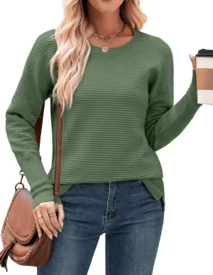 Zeagoo Women's 2025 Fall Sweaters Casual Long Sleeve Crew Neck Ribbed Knit Side Slit Pullover Sweater