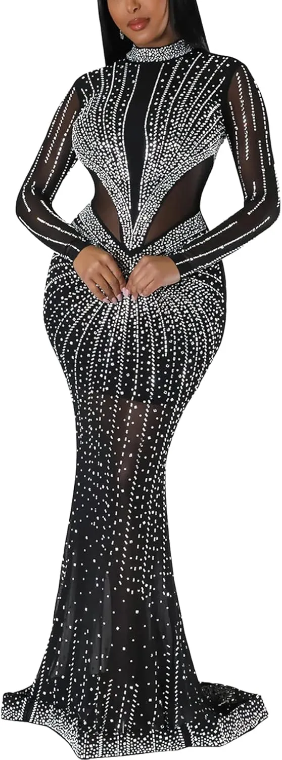Zoctuo Women's Sexy Elegant Rhinestone Birthday Party Club Outfit Mesh See Through Long Sleeve Bodycon Maxi Prom Dress