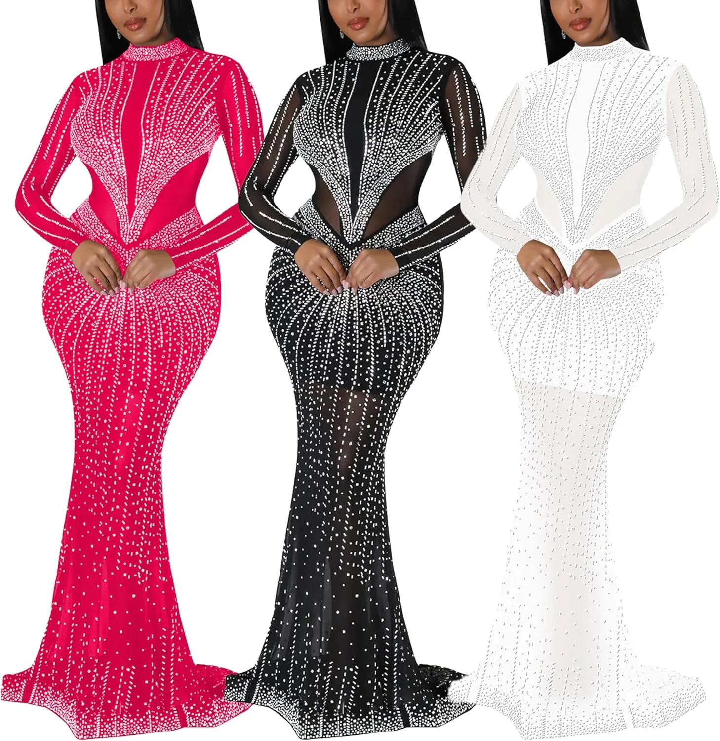 Zoctuo Women's Sexy Elegant Rhinestone Birthday Party Club Outfit Mesh See Through Long Sleeve Bodycon Maxi Prom Dress