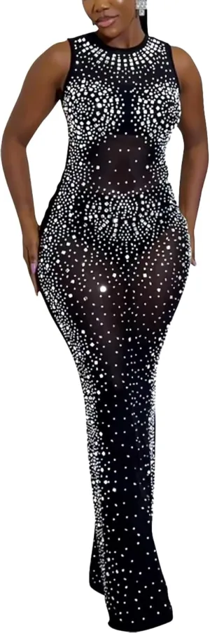 Zoctuo Women's Sexy Elegant Rhinestone Birthday Party Club Outfit Mesh See Through Long Sleeve Bodycon Maxi Prom Dress