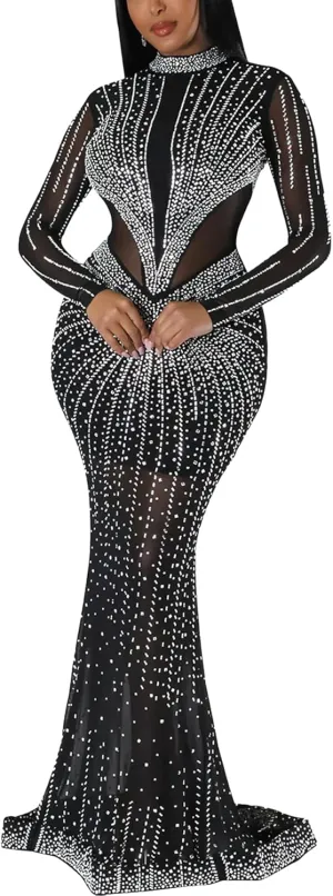 Zoctuo Women's Sexy Elegant Rhinestone Birthday Party Club Outfit Mesh See Through Long Sleeve Bodycon Maxi Prom Dress