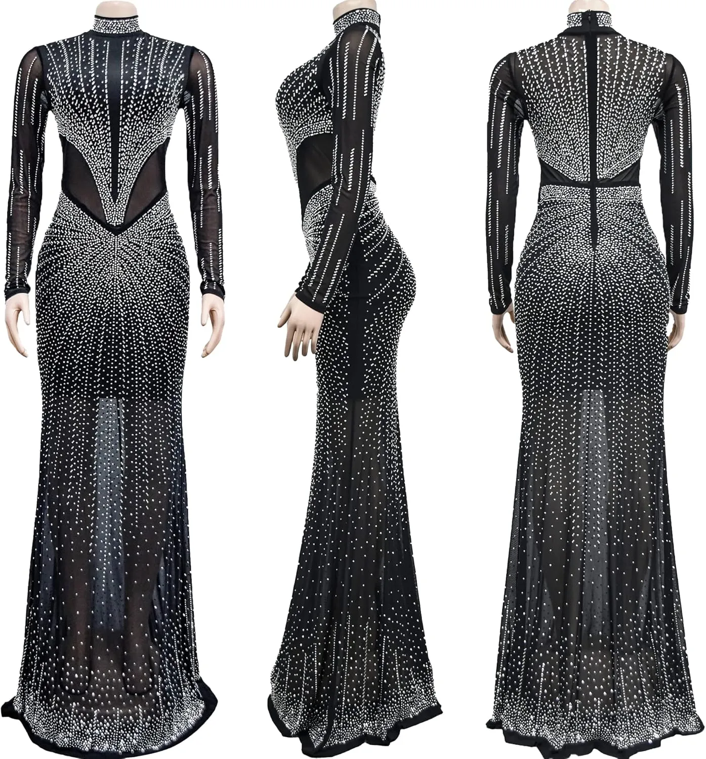 Zoctuo Women's Sexy Elegant Rhinestone Birthday Party Club Outfit Mesh See Through Long Sleeve Bodycon Maxi Prom Dress