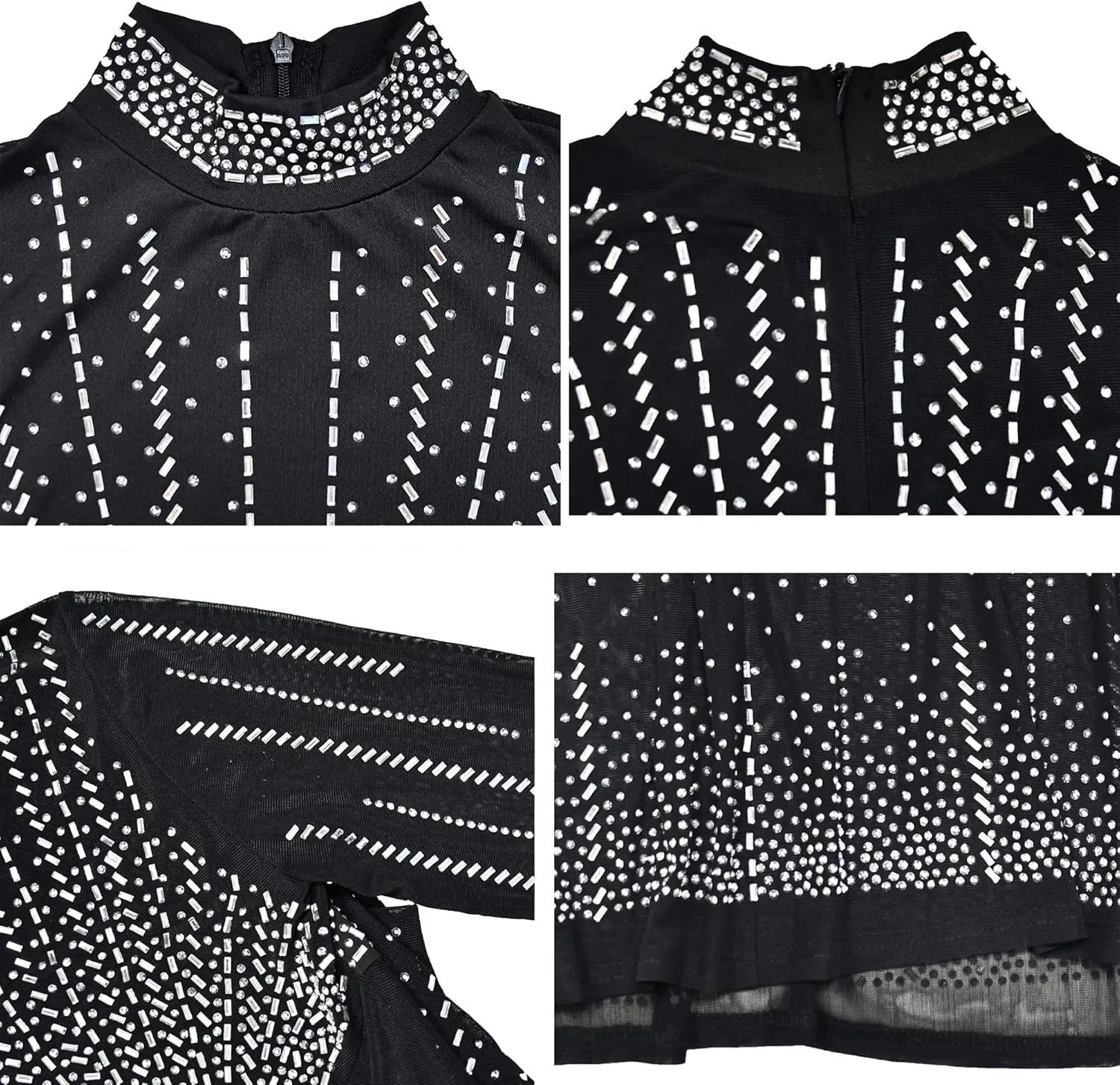 Zoctuo Women's Sexy Elegant Rhinestone Birthday Party Club Outfit Mesh See Through Long Sleeve Bodycon Maxi Prom Dress