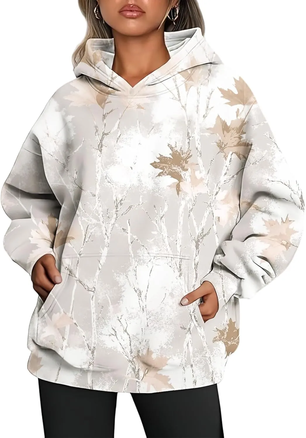 ZWRXW Womens Camo Hoodie Maple Leaf Print Oversized Hooded Sweatshirt Long Sleeve Sweaters Pullover Fall Outfits with Pockets