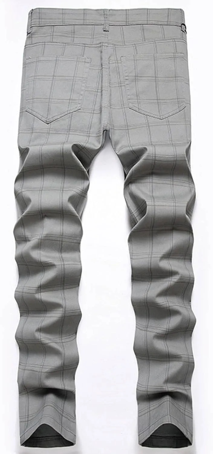 ZYXTIM Men Plaid Jeans,Slim Fit Straight Leg Zipper Fly Check Denim Pants, Big&Tall Casual Smart Chino Trousers Pencil Pants