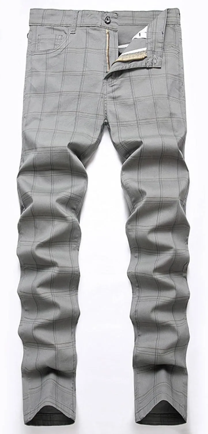ZYXTIM Men Plaid Jeans,Slim Fit Straight Leg Zipper Fly Check Denim Pants, Big&Tall Casual Smart Chino Trousers Pencil Pants